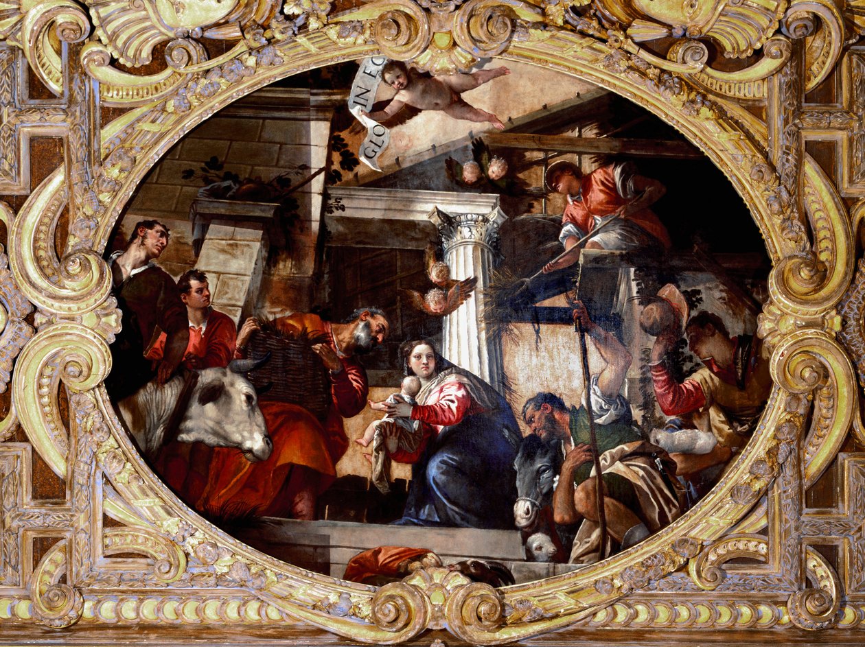 Paimenten ihailu. Paolo Caliarin maalaus nimeltä Paolo Veronese (1528-1588), vuoden 1568 jälkeen. Öljy kankaalle. Mitat: 910x455 cm. Venetsia, SS:n basilika. Giovanni e Paolo (San Zanipolo), Rosaryn kappeli. Venetsia (Pyhien Giovannin ja Paolon basilika tekijältä Veronese