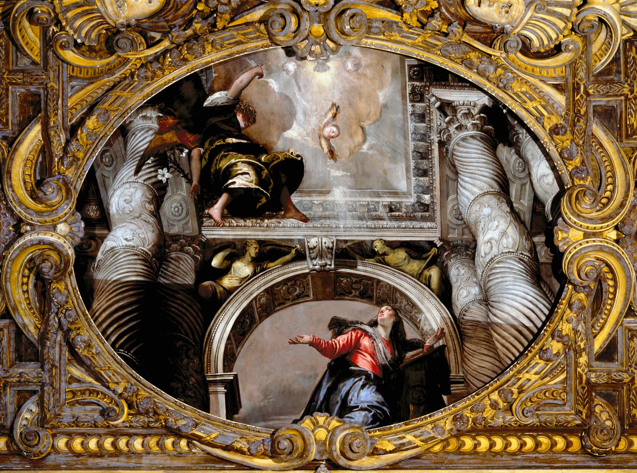 Ilmoitus. Paolo Caliarin maalaus nimeltä Paolo Veronese (1528-1588), vuoden 1568 jälkeen. Öljy kankaalle. Mitat: 340 x 455 cm. Venetsia, SS:n basilika. Giovanni e Paolo (San Zanipolo), Rosaryn kappeli. Venetsia (Pyhien Giovannin ja Paolon basilika (San Zan tekijältä Veronese