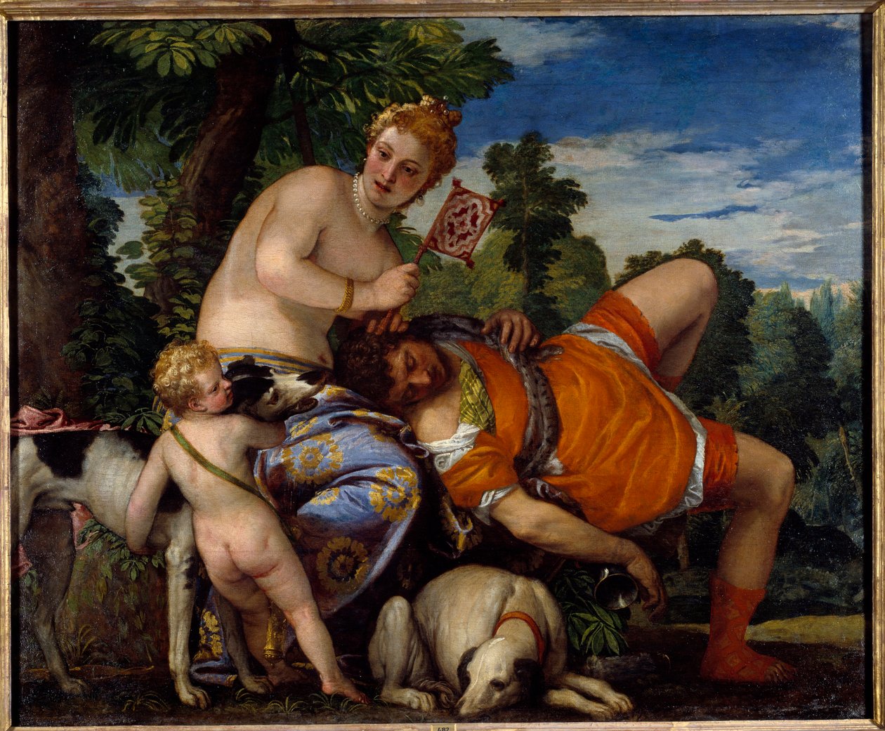 Aphrodite ja Adonis. Adonis, kreikkalaisen mytologian hahmo, rakastaa Aphroditea. Paolo Veronesen (1528-1588) maalaus tekijältä Veronese