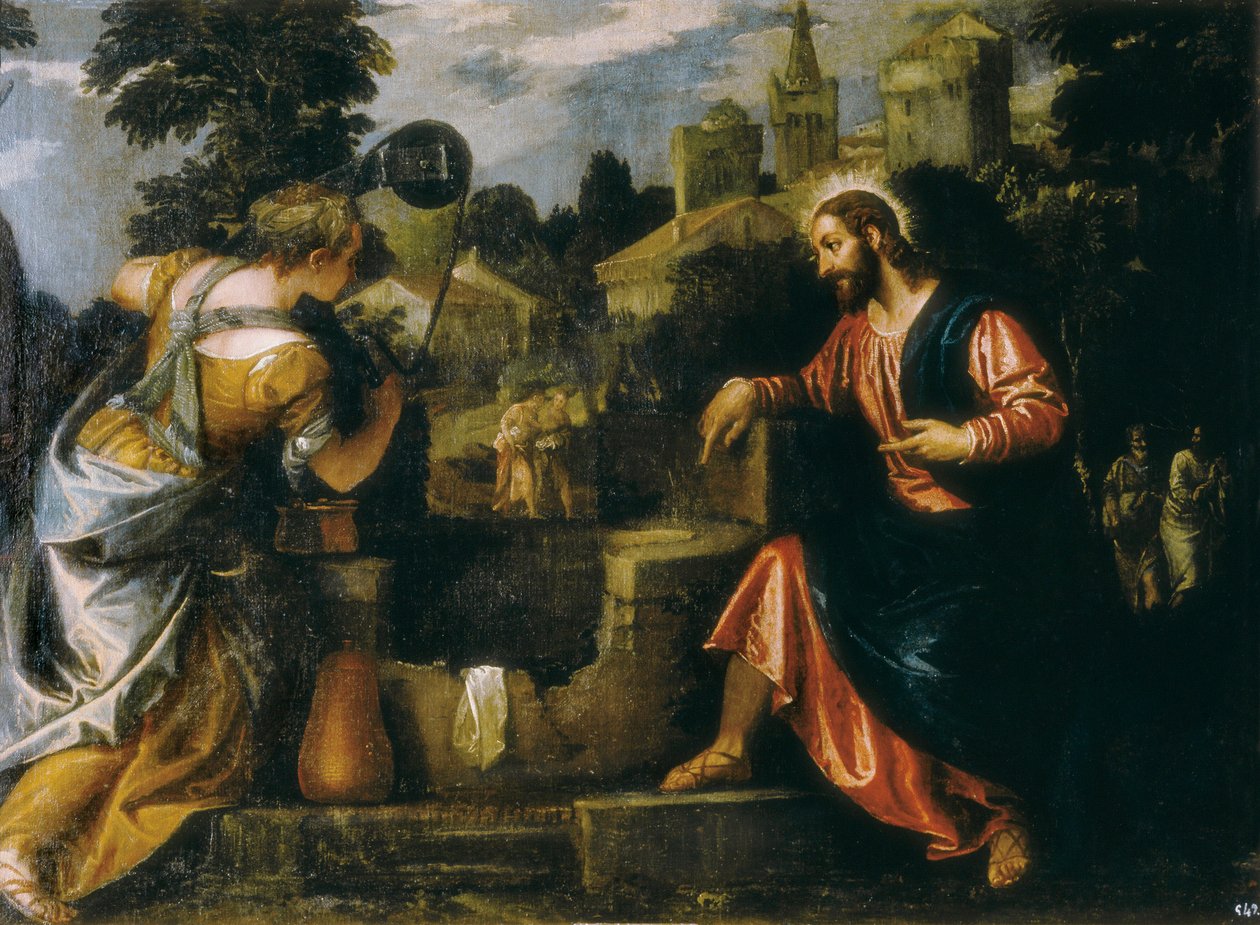 Kristus ja samarialainen nainen kaivolla. Paolo Caliarin maalaus sanoi Paolo Veronese (1528-1588), 1580. Real Monasterio de San Lorenzo de El Escorial. tekijältä Veronese