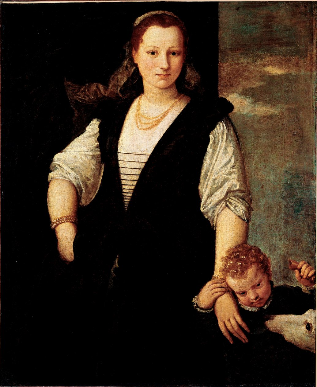Muotokuva naisesta lapsen ja koiran kanssa (Francesco Bevilacquan lapset?) Paolo Veronese Caliarin (1528-1588) maalaus 1500-luvun su. 115x95 cm Pariisi, Musee du Louvre tekijältä Veronese