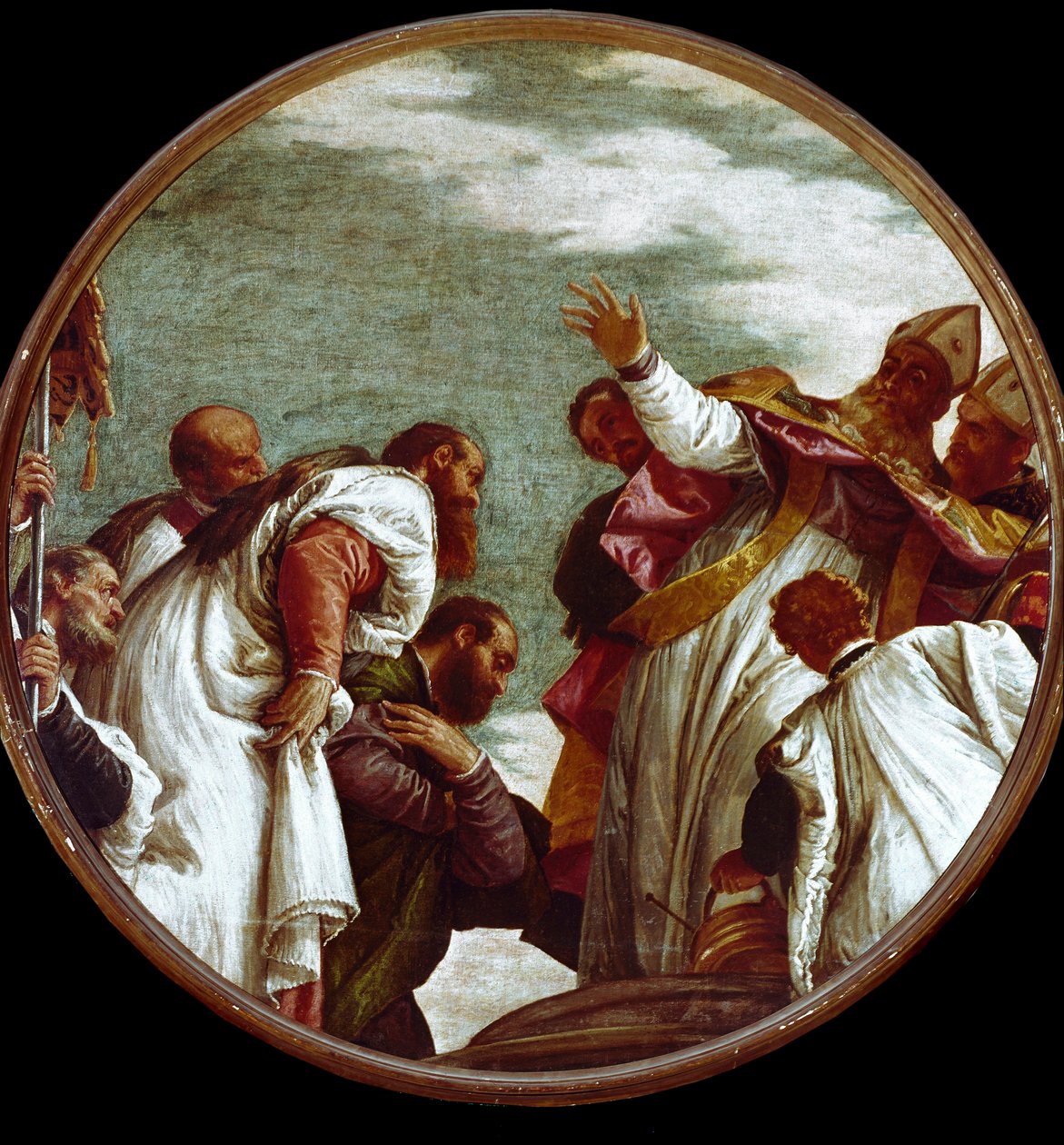 Pyhä Nikolaus vastaanottaa Miran virkailijan kunnianosoituksen. Paolo Caliarin maalaus Paolo Veronese (1528-1588) tekijältä Veronese