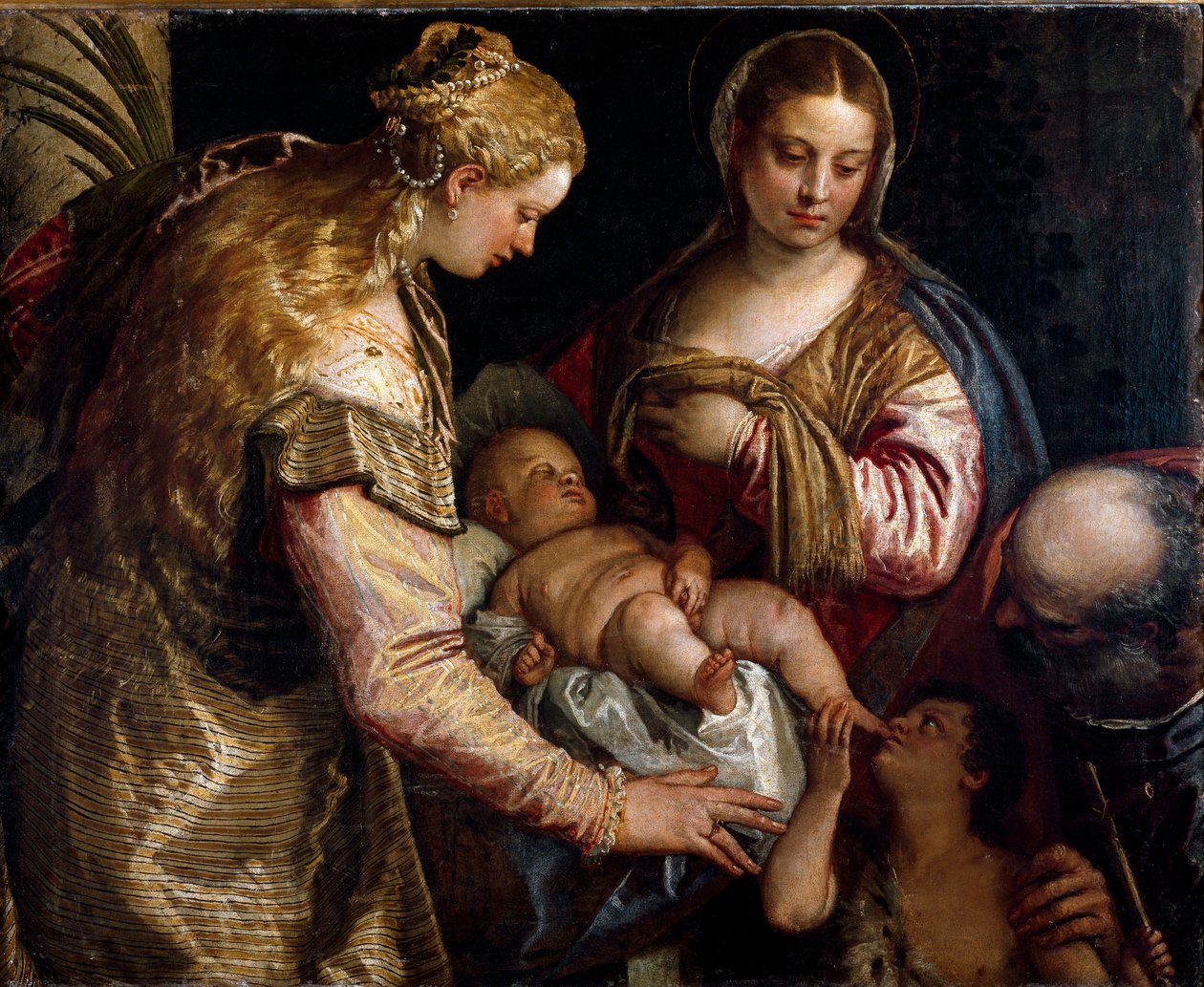 Pyhä perhe Saint Barben ja Pyhän Johannes Kastajan kanssa. Paolo Caliarin maalaus nimeltä Paolo Veronese (1528-1588), noin 1562. Öljy kankaalle. Mitat: 86 x 122 cm. Firenze, Galleria degli Uffizi (Firenze, Uffizi-museo) tekijältä Veronese