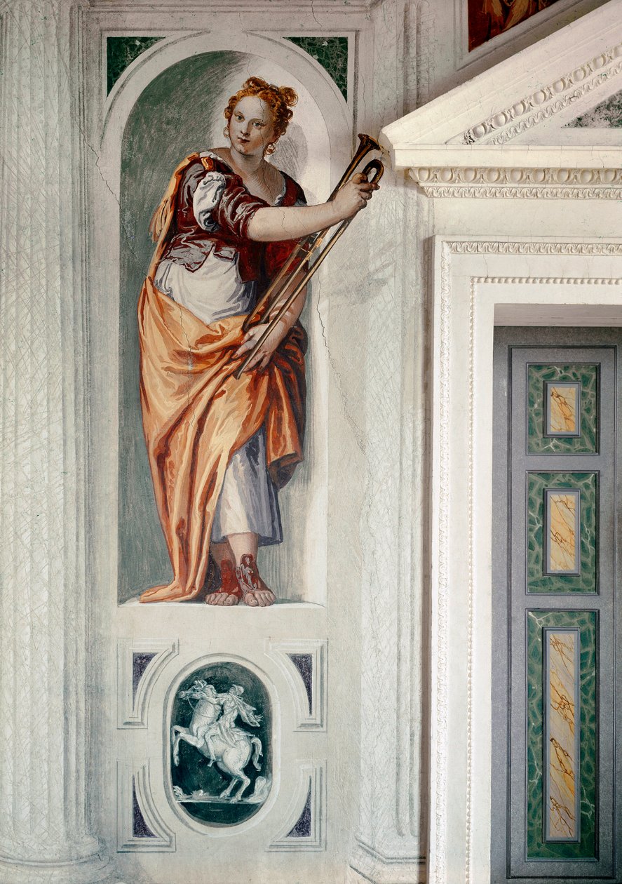 Trumpetin soittaja. Paolo Caliarin maalaus nimeltä Paolo Veronese (1528-1588), noin 1561. Fresko. Maser (Treviso), Villa Barbaro tekijältä Veronese