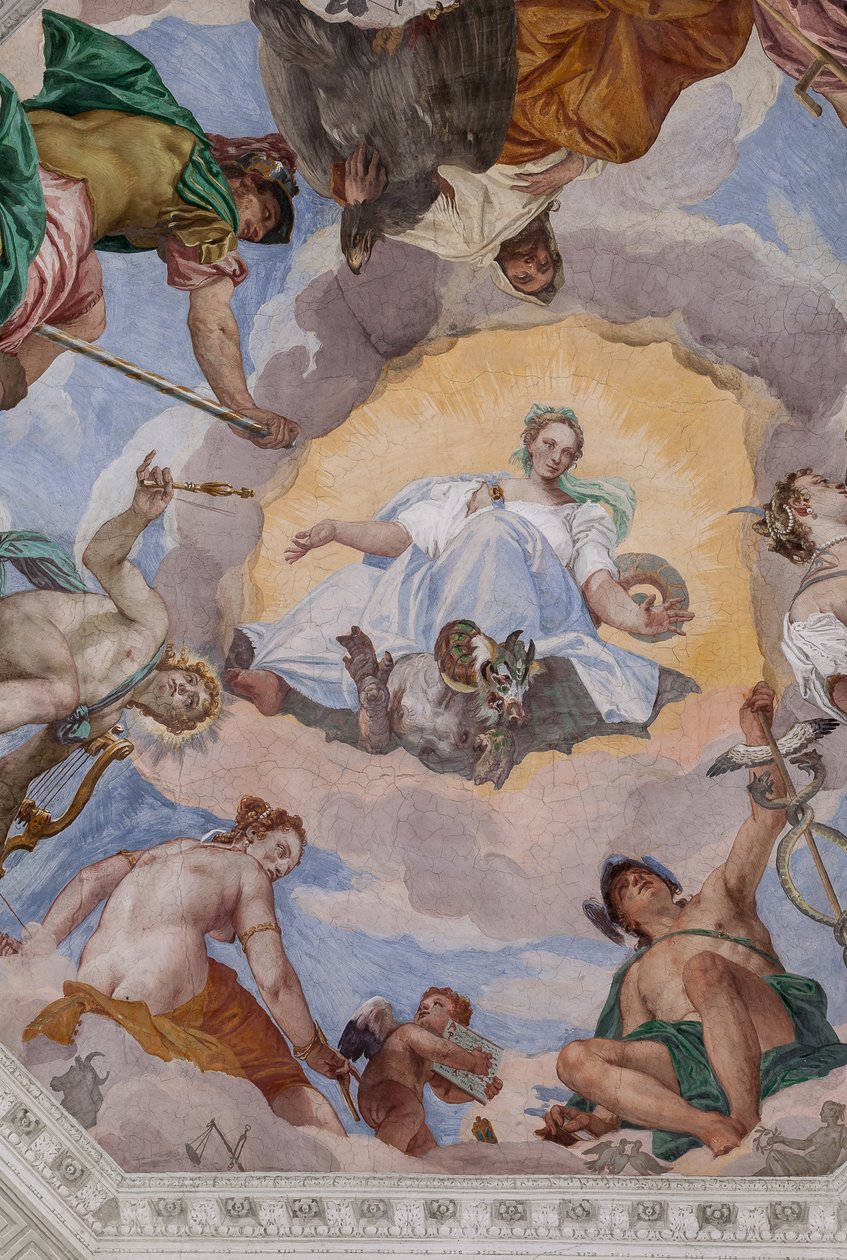 Universaali harmonia jumalien ympäröimänä: Zeus kotkan kanssa, Mars, Apollo lyyran kanssa, Venus, Merkurius caduceuksen kanssa, Diana koirien kanssa ja Saturnus, Olympuksen salin keski kahdeksankulmio tekijältä Veronese