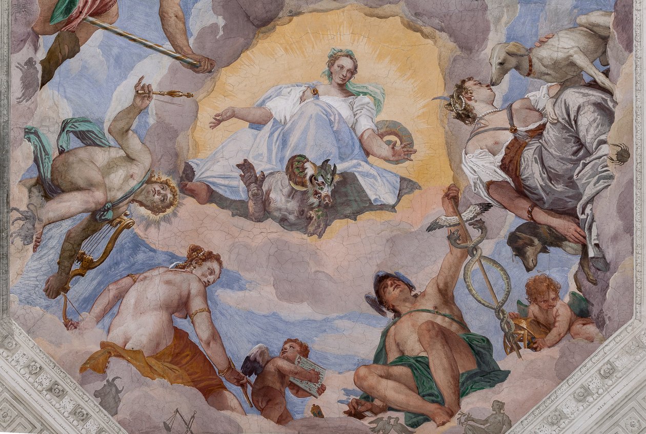 Universaali harmonia jumalien ympäröimänä: Zeus kotkan kanssa, Mars, Apollo lyyran kanssa, Venus, Merkurius caduceuksen kanssa, Diana koirien kanssa ja Saturnus, Olympuksen salin keski kahdeksankulmio tekijältä Veronese