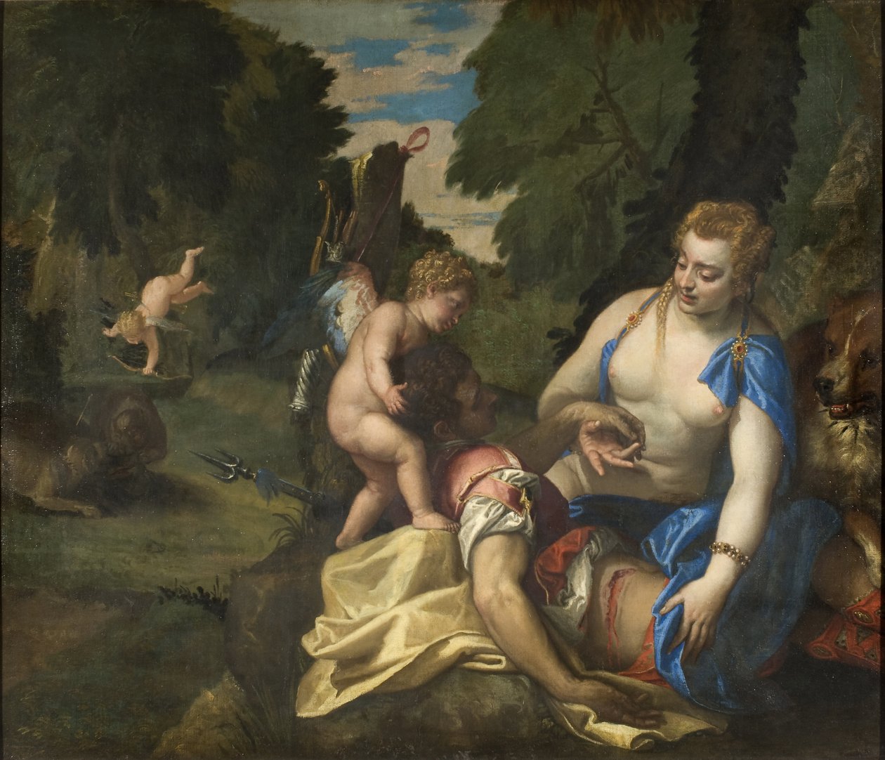Venus pleurant Adonis - Venus Mourning Adonis, kirjoittanut Veronese, Paolo (1528-1588). Öljy kankaalle. Mitat: 145x173,5 cm. Tukholman kansallismuseo tekijältä Veronese