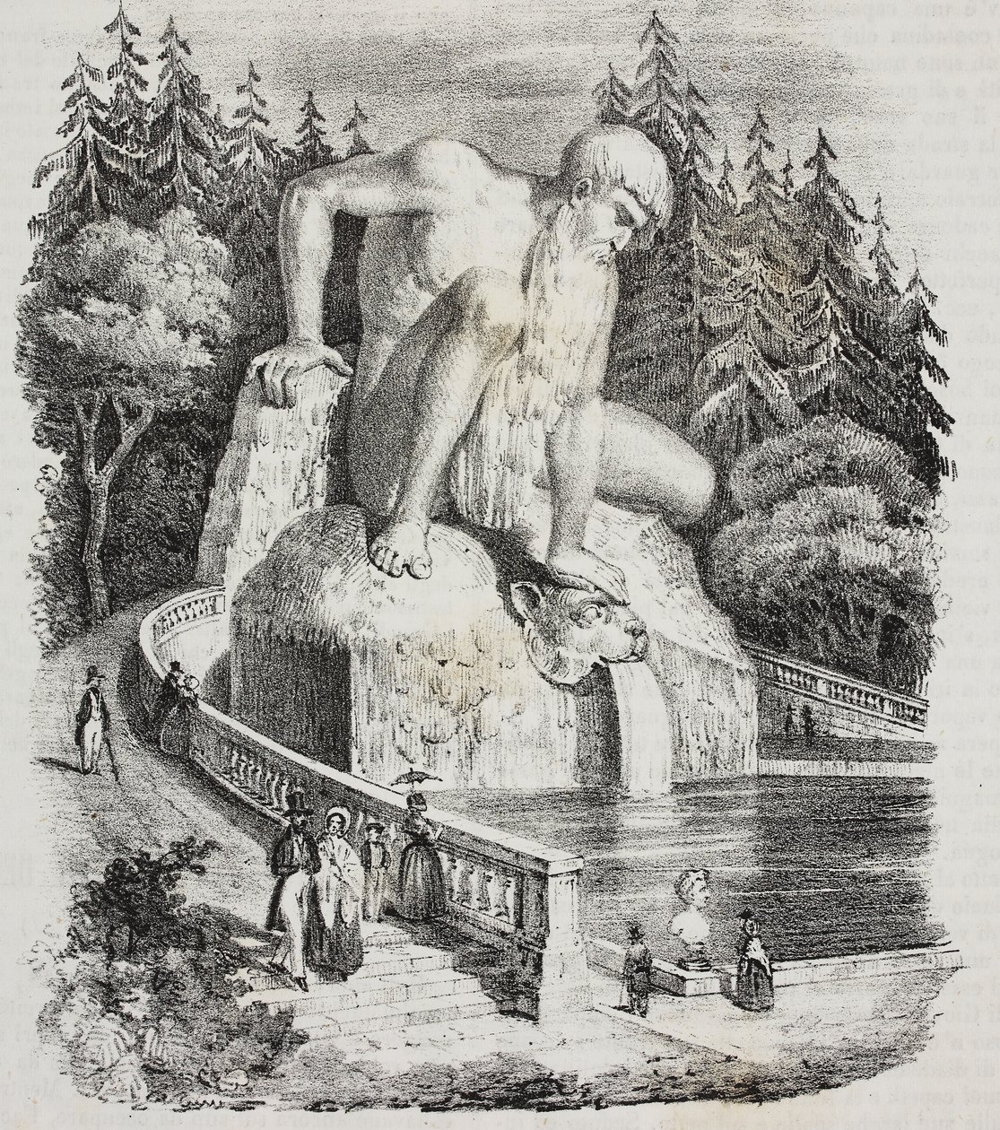 Apenniinien kolossi (Giambologna) Villa Demidoffin puistossa (Villa Medicea of ​​​​Pratolino), Vaglia, Toscana, Italia, Giovanni Marianin litografia Poliorama Pittorescosta, n:o 10, 15. lokakuuta tekijältä Giambologna