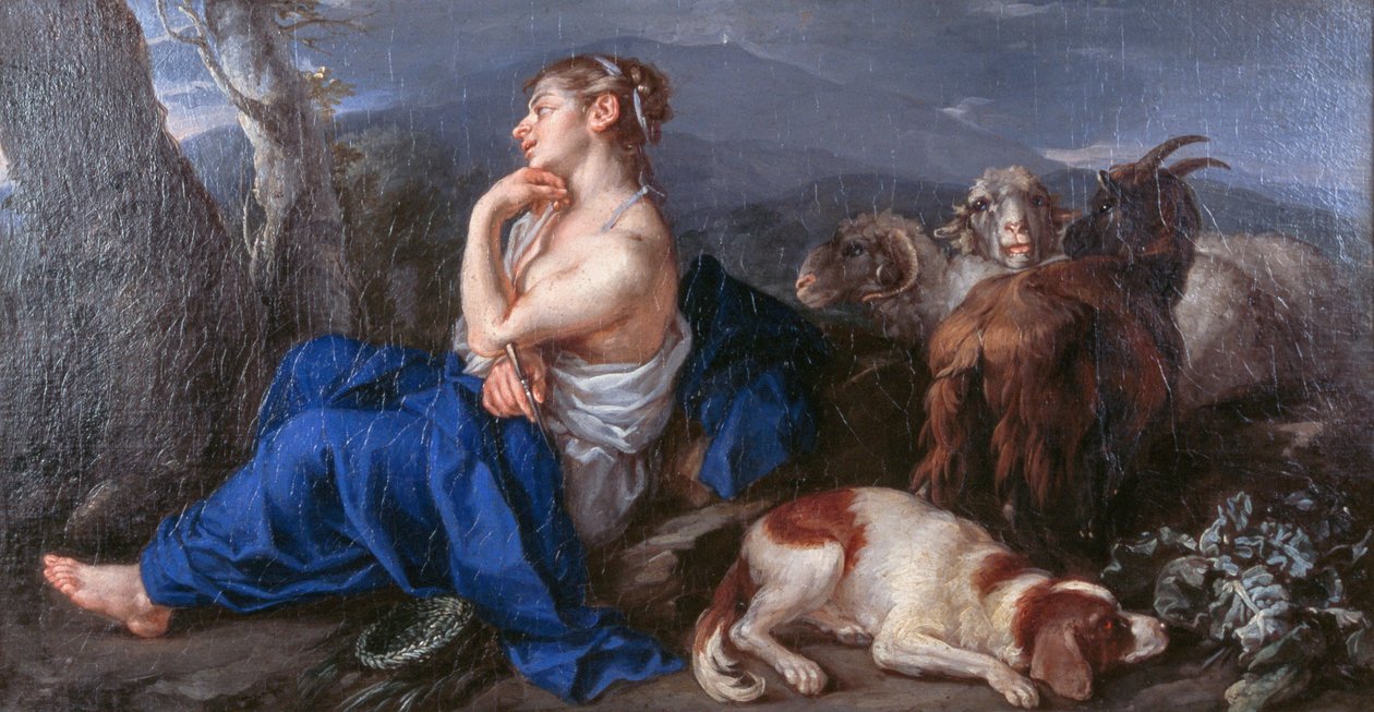 Erminia kirjoittaa rakkaansa nimen puunrunkoon, kirjoittanut Francesco Fernandi, joka tunnetaan nimellä Imperiali (1679-1740), öljy kankaalle, 42x80 cm tekijältä (1679 1740) Imperiali