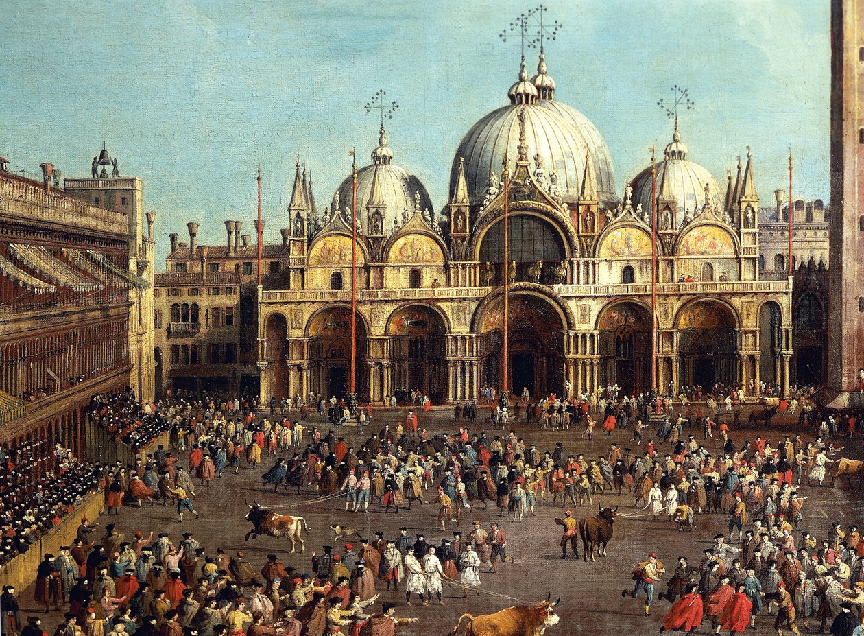 Härkätaistelut tai härkämetsästys Piazza San Marcolla, Giovanni Antonio Canal, Canaletto (1697-1768) ja Giovanni Battista Cimaroli (1687-1753 jälkeen), öljy kankaalle, 99x145 cm tekijältä Canaletto