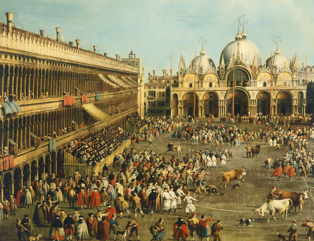 Härkätaistelut tai häränmetsästys Piazza San Marcolla, kirjoittaneet Giovanni Antonio Canal (1697-1768) ja Giovanni Battista Cimaroli (1687-1753 jälkeen), öljy kankaalle, 99x145 cm tekijältä Canaletto