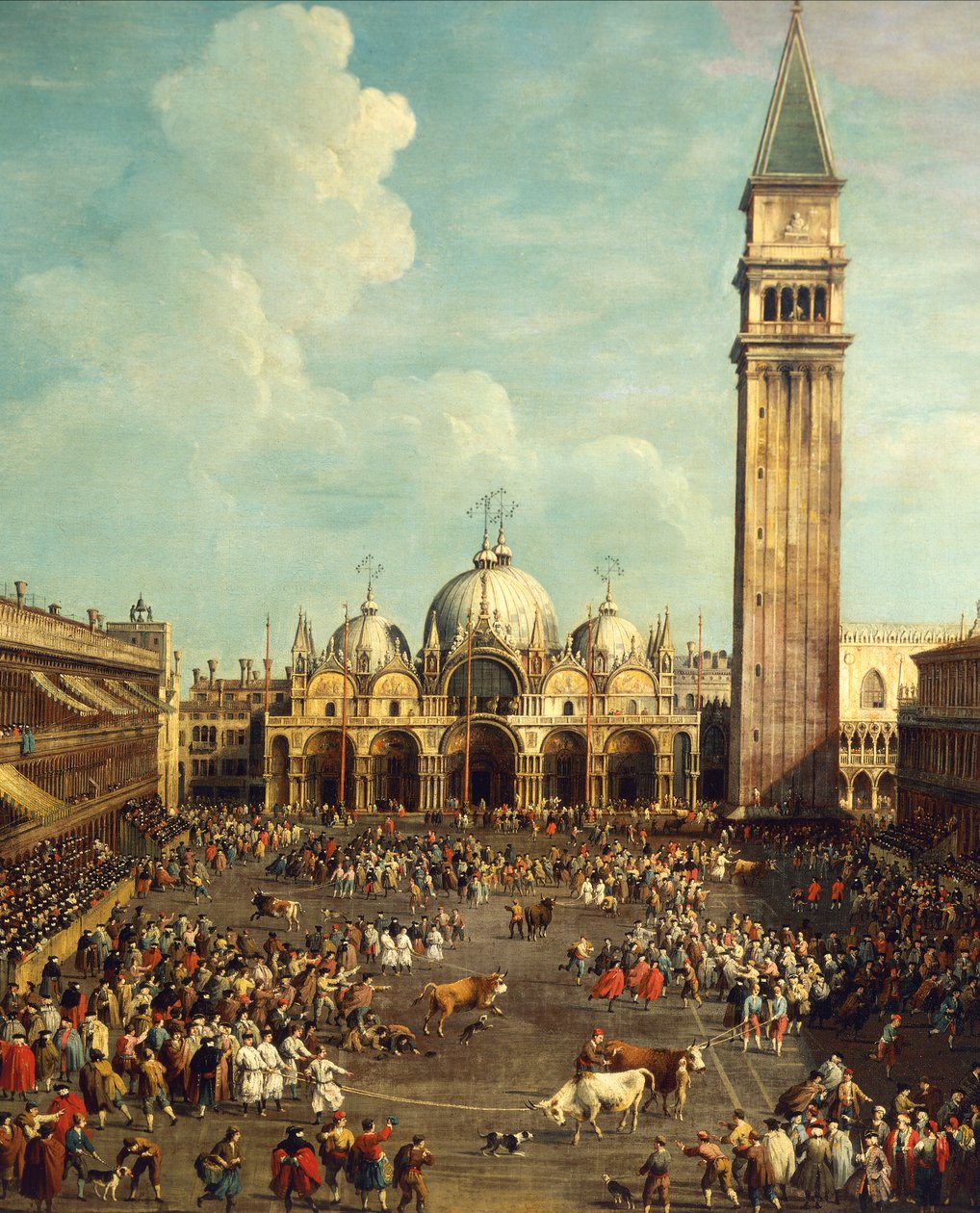 Härkätaistelut tai härkämetsästys Piazza San Marcolla, Giovanni Antonio Canal, joka tunnetaan nimellä Canaletto (1697-1768) ja Giovanni Battista Cimaroli (1687-1753 jälkeen), öljy kankaalle, 99x145 cm tekijältä Canaletto