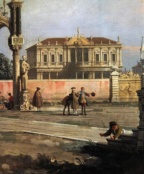 Yksityiskohta kaupunkitalosta ja julkisesta aukiosta (öljy kankaalle) tekijältä Canaletto