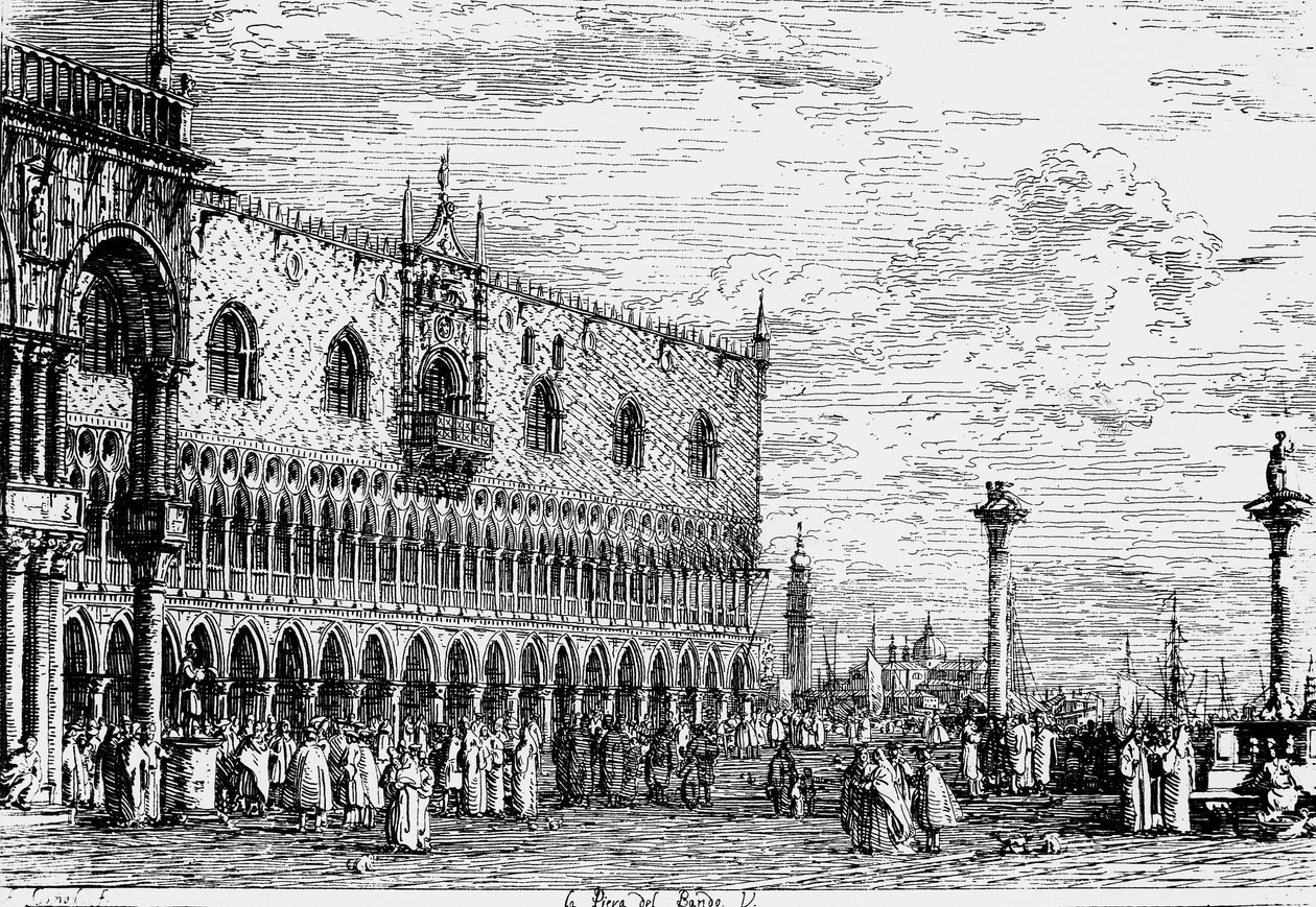 Dogen palatsi ja Piera del Bando, Venetsia, Giovanni Antonio Canalin kaiverrus, joka tunnetaan nimellä Canaletto (1697-1768), Italia tekijältä Canaletto