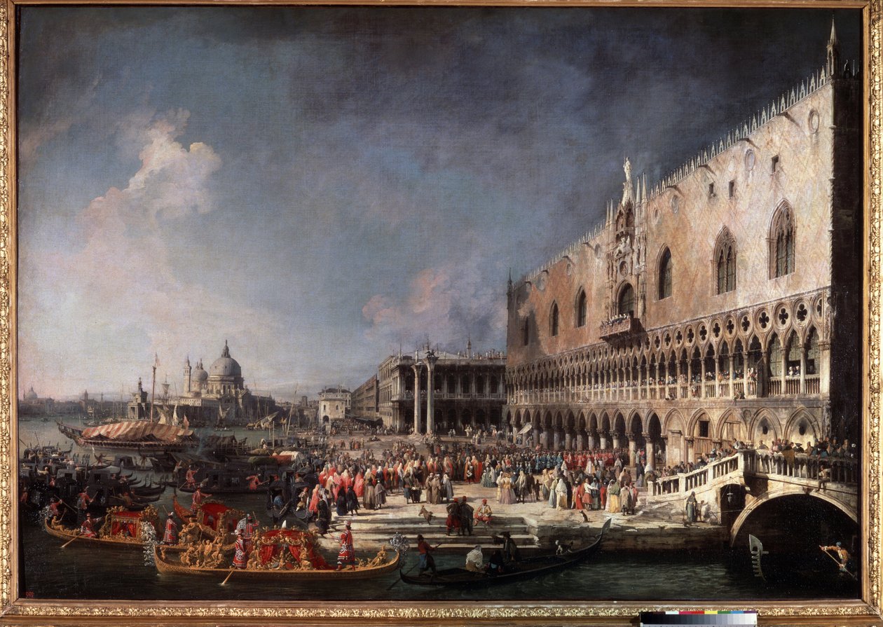 ""Ranskan suurlähettilään kreivi Gergyn sisäänkäynti Venetsian herttuan palatsiin"" (Ranskan suurlähettilään saapuminen Venetsiaan) Giovanni Antonio Canalin maalaus, Said Canaletto (1697-1768) tekijältä Canaletto