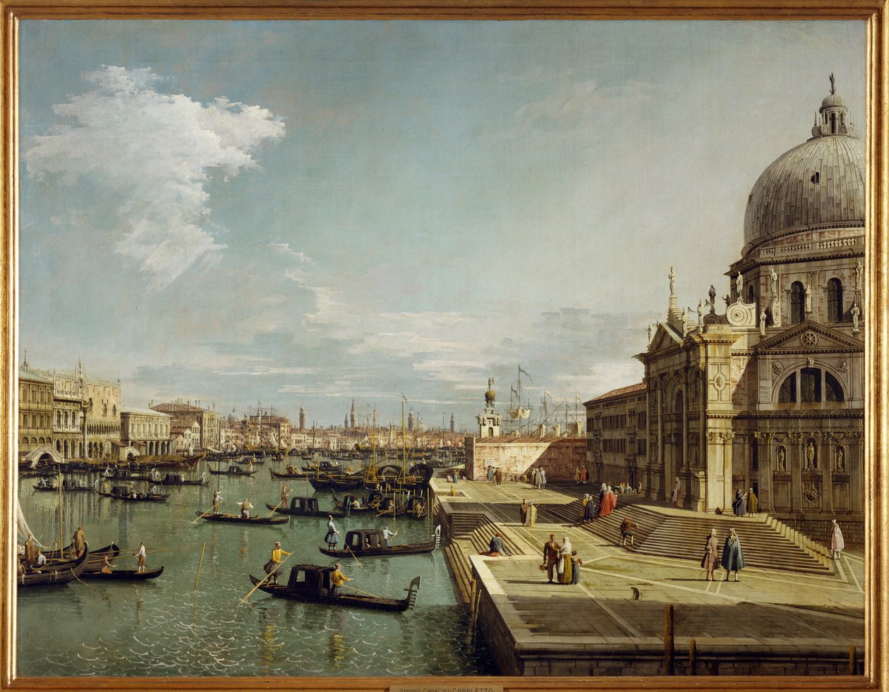 Sisäänkäynti Canal Grande ja kirkko Maria Salute Venetsiassa (maalaus kankaalle) tekijältä (1697-1768) Canaletto