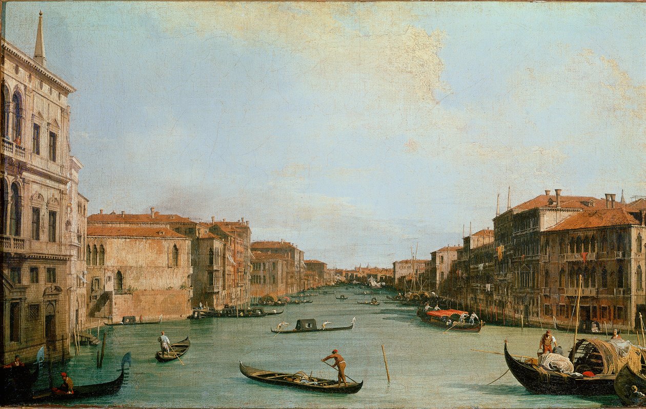 Canal Grande Palazzo Balbista (Il Canal Grande da Palazzo Balbi) nähtynä. Näkymä Venetsiaan kanavan varrella. Giovanni Antonio Canalin maalaus, joka tunnetaan nimellä Canaletto (1697-1768). Öljy kankaalle. Mitat: 45 x 73 cm. Firenze, Uffizi-galleria (Firen tekijältä Canaletto