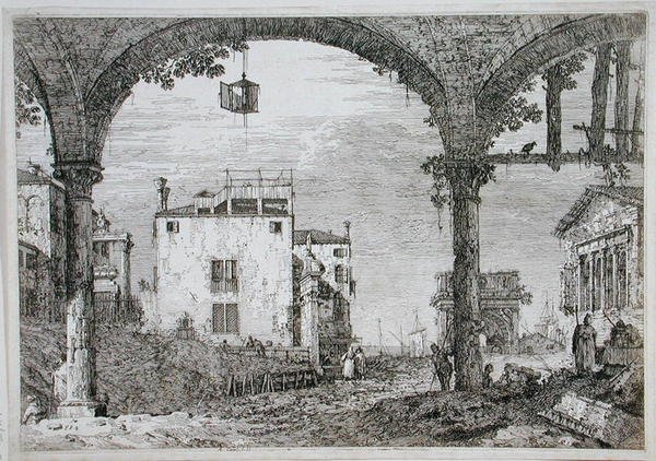 Näkymä pelihallin läpi kohti rannikon rakennuksia (etsaus) tekijältä Canaletto