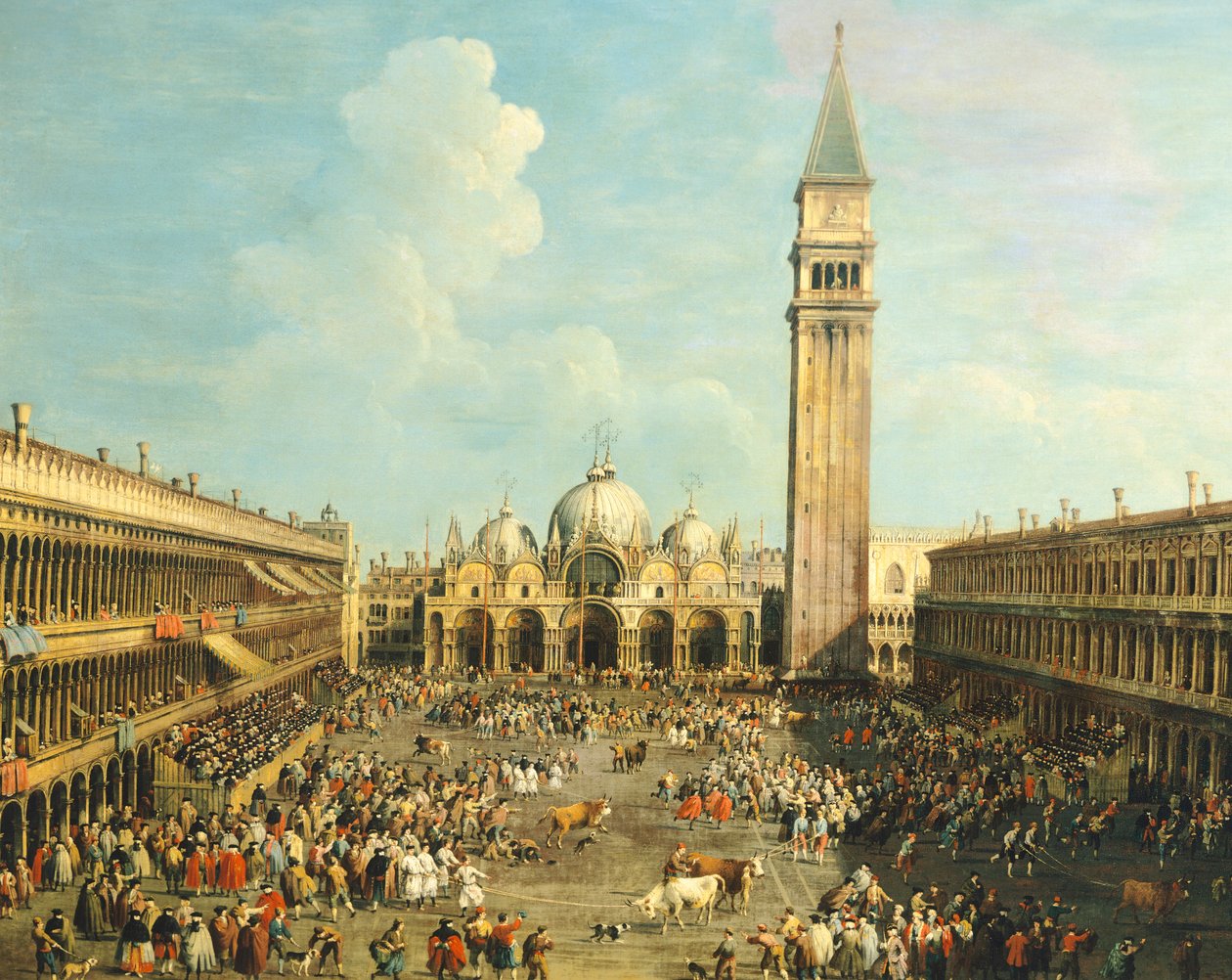 Härkätaistelut tai härkämetsästys Piazza San Marcolla, Giovanni Antonio Canal (1697-1768) ja Giovanni Battista Cimaroli (1687-1753 jälkeen), öljy kankaalle, 99x145 cm tekijältä Canaletto