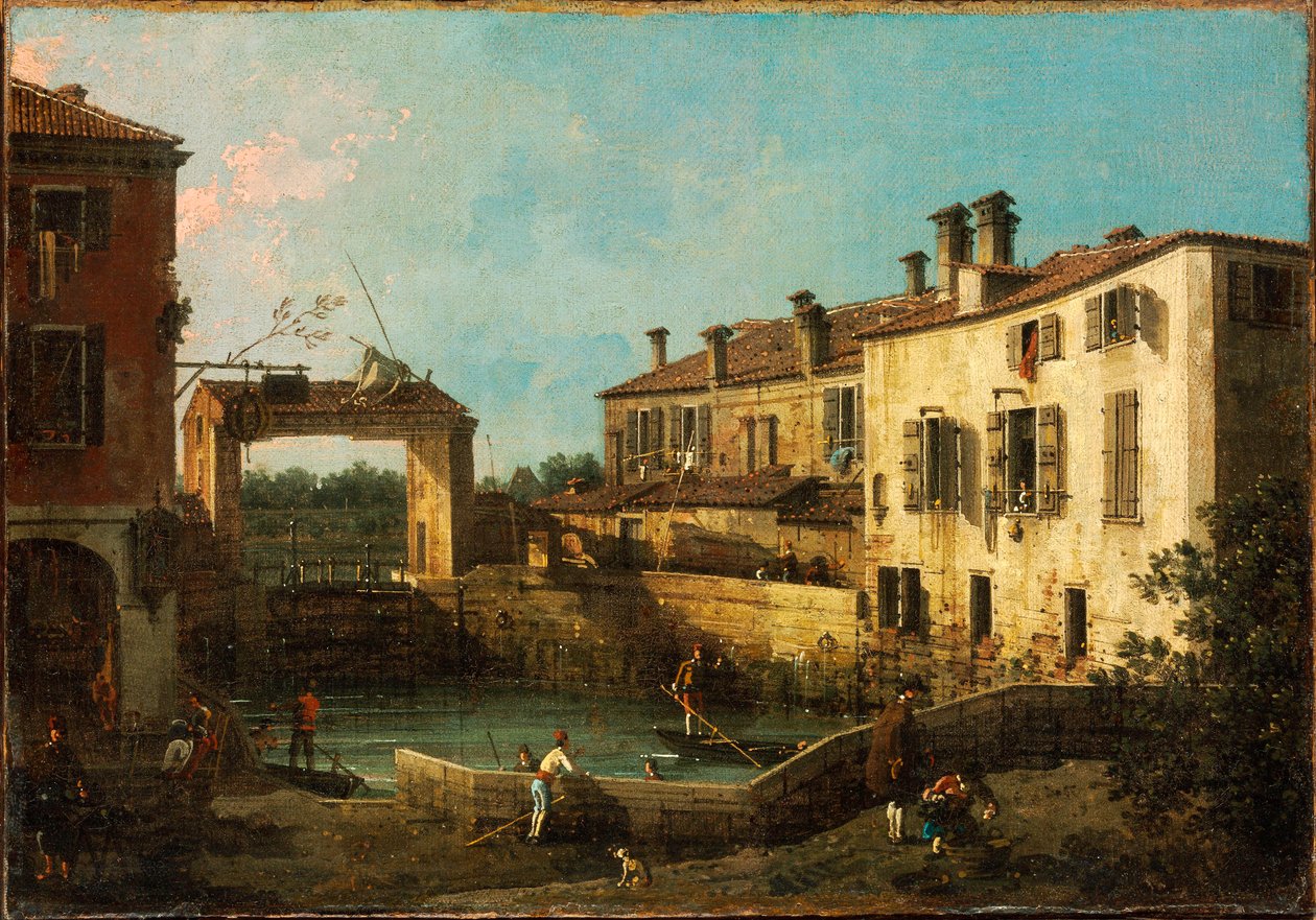 "" Ecluse pres de Dolo, Venise "" (Lukko lähellä Doloa, Venetsia) Peinture de Giovanni Antonio Canal dit Canaletto (1697-1768) 1776 Koko 30,5x44,5 cm Szepmuveszeti Muzeum, Budapest tekijältä Canaletto