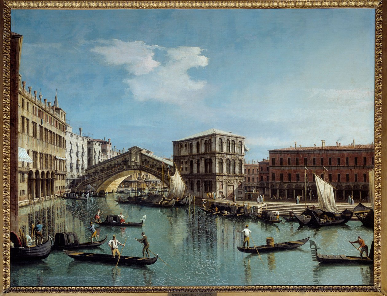 Le pont du Rialto Venetsia: Antonio Canal Dit Il Canaletton maalaus (1697-1768) 1700-luvun su. 1,19x1,54 m - Rialton silta Venetsiassa. Antonio Canalin maalaus nimeltä Canaletto (1697-1768) tekijältä Canaletto