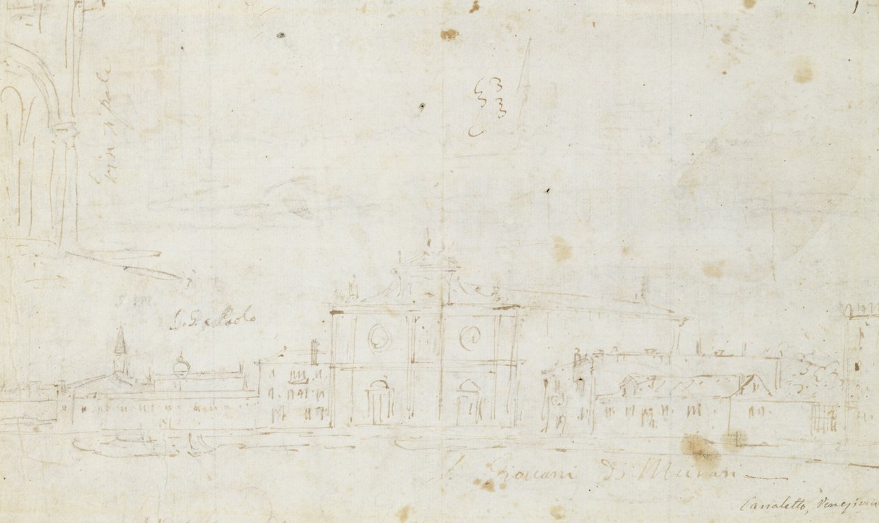 Murano: San Giovanni Dei Battuti, Venetsia kaukana, n. 1735-40 (piirustus) tekijältä Canaletto