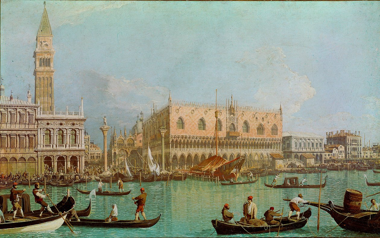 Myyrä ja Pyhän Markuksen altaan herttuapalatsi. Kanaalista otettu näkymä Venetsiaan, Dogen palatsille ja Pyhän Markuksen aukiolle. Giovanni Antonio Canal dit il Canaletton maalaus (1697-1768) tekijältä Canaletto