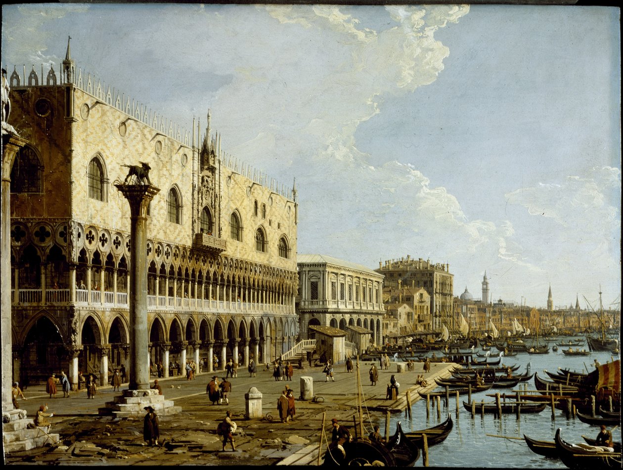 Venetsia: näkymä Dogen palatsille ja Riva degli Schiavoni -aukiolle Piazzettalta, n. 1729 (öljy kuparilevylle) tekijältä Canaletto