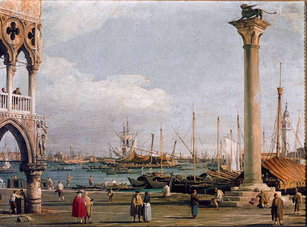 Näkymä Pyhän Markuksen altaalle ja San Giorgio Maggioren kirkolle Piazzettalta Venetsiaan (öljy kankaalle tekijältä Canaletto