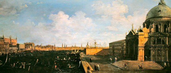 Näkymä Grand Canalille ja Santa Maria della Salutelle (öljy paneelille) tekijältä Canaletto