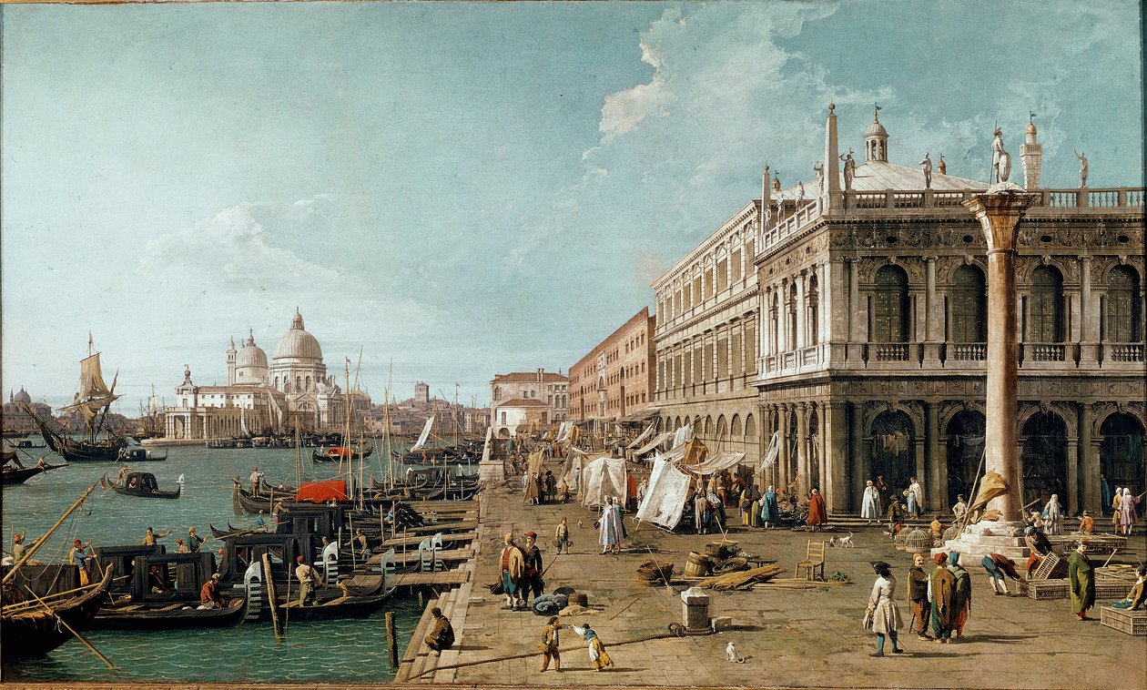 Näkymä Mololle, Biblioteca Marcianalle ja Pyhän Theodoren pylväälle, Venetsia tekijältä Canaletto