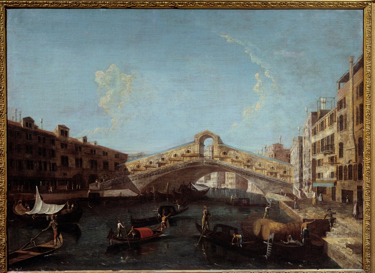 Näkymä Rialton sillalle Venetsian gondoleissa Grand Canalilla. Antonio Canal dit Canaletton maalaus (1697-1768) 1700-luvun Nimes, Kuvataidemuseo tekijältä Canaletto