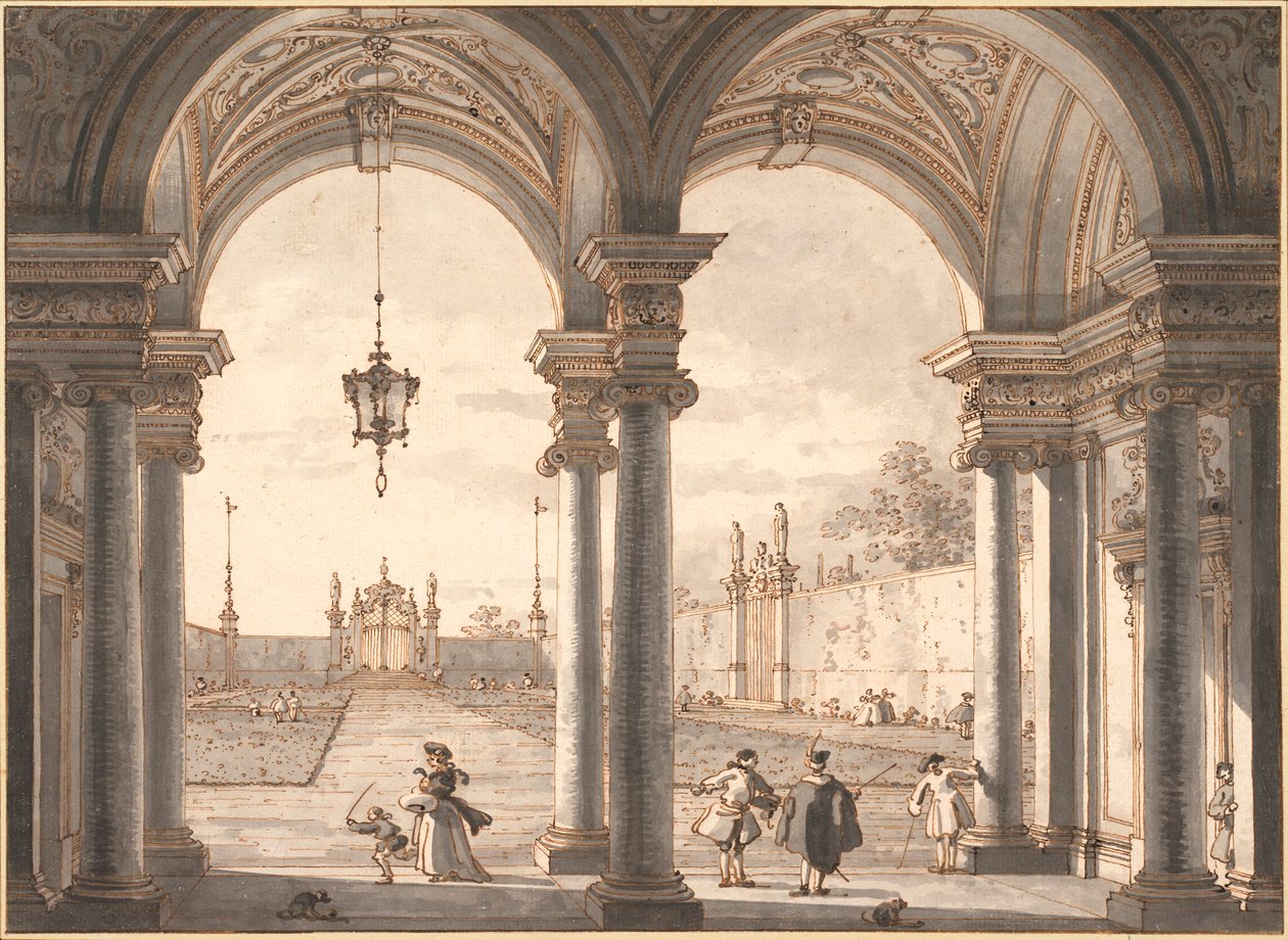 ""Näkymä barokkipylväikköstä puutarhaan"" (Näkymä barokkipylväikköstä puutarhaan) Kynäpiirros Antonio Canal dit Canaletto (1697-1768) 1760-1768 Koko 33,1x45,4 cm Albertina , Wien tekijältä Canaletto