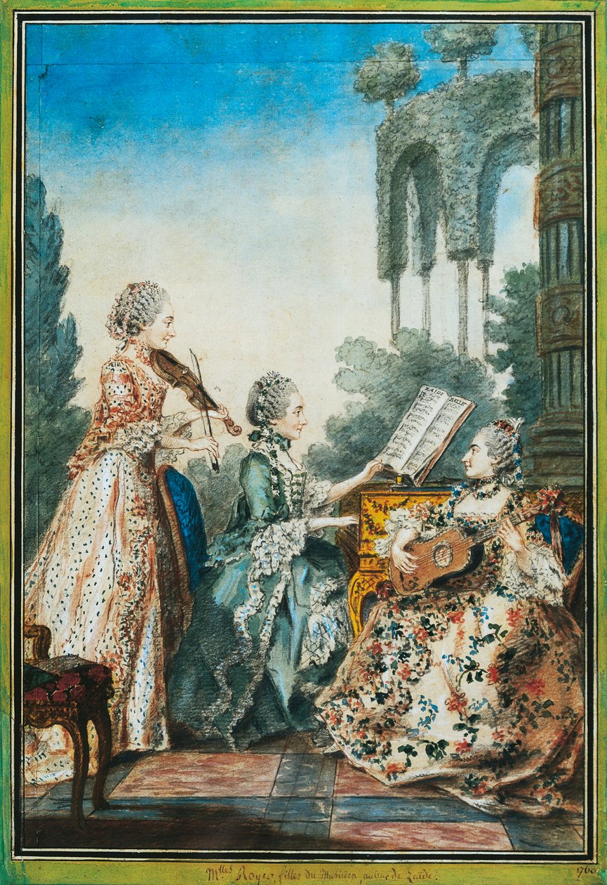 Säveltäjä Joseph-Nicolas-Pancrace Royerin (n. 1705-1755) kolme tytärtä esittämässä Zaide-baletin musiikkia tekijältä Carmontelle