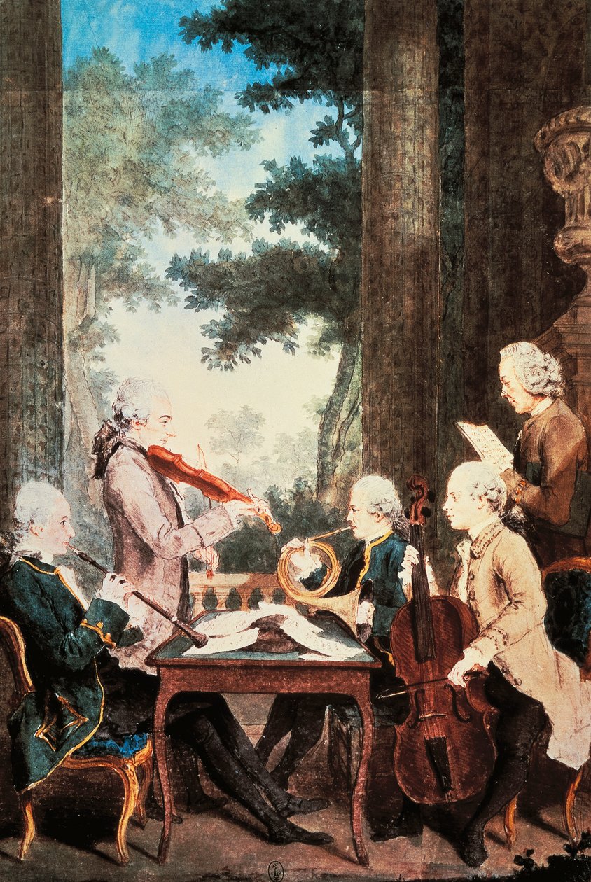 Louis de Carmontellen (1717-1806) konsertti oboella, viululla, käyrätorvilla ja sellolla, vesiväri. Ranska tekijältä Carmontelle