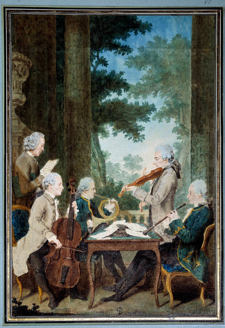 Herrat Duport, Vachon, Rodolphe, Provers ja Vernier Muotokuva muusikkoryhmästä konsertin aikana. Akvarelli Louis Carrogis (1717-1806) dit Carmontelle. 1700-luvun aurinko. 0,34x0,23 m Chantilly, museokondi tekijältä Carmontelle