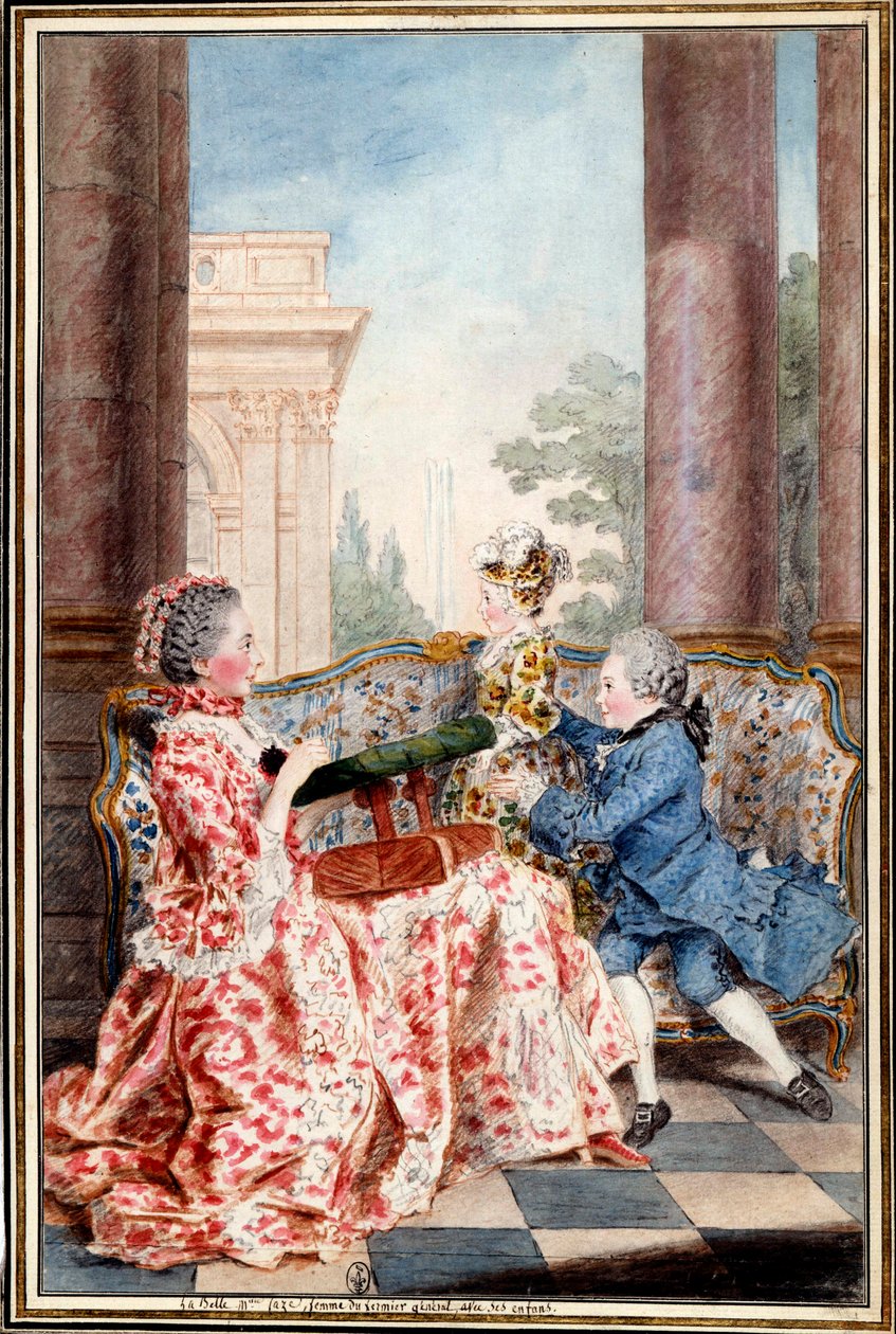 La belle Madame Caze, maanviljelijän kenraalin vaimo ja hänen lapsensa Akvarelli Louis Carrogis (1717-1806) dit Carmontelle. 1700-luvun aurinko. 0,32x0,21 m Chantilly, musee conde tekijältä Carmontelle