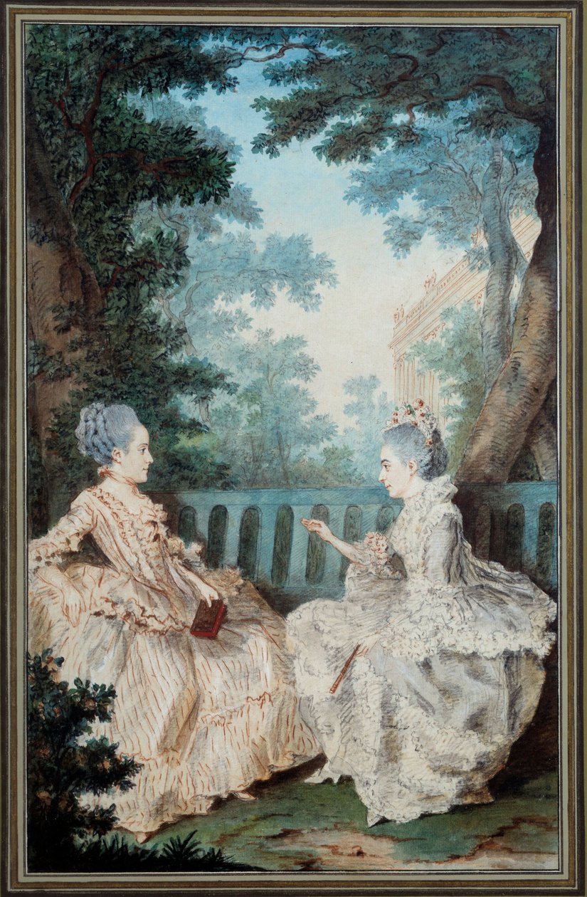 Madame de Breget ja Madame de Cassine akvarelli Louis carrogis dit Carmontellen (1717-1806) 1700-luvulla. Pariisi, Carnavalet-museo tekijältä Carmontelle