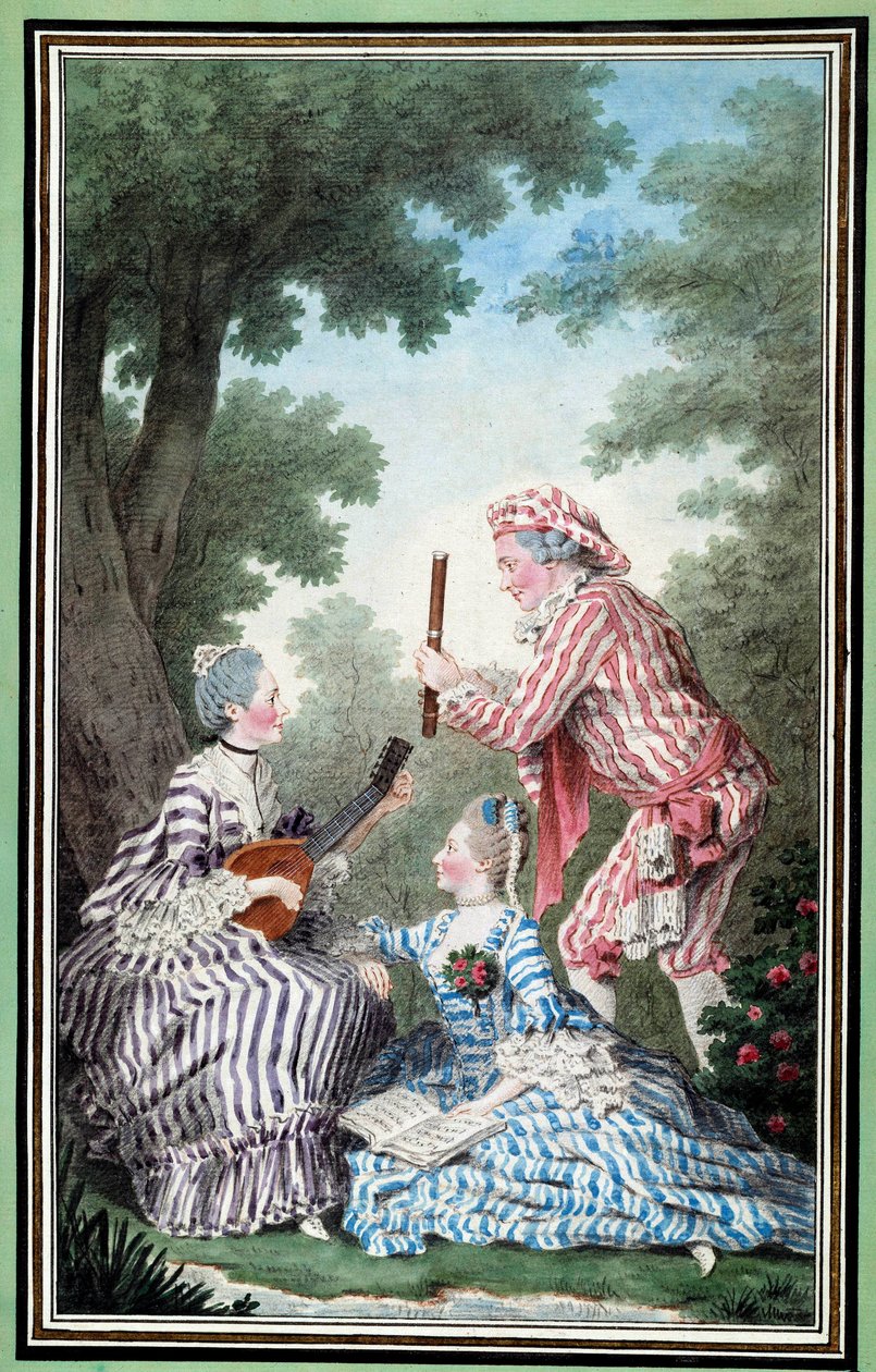Madame de Meaux, Mademoiselle de Meaux ja Monsieur de Saint Quentin toistavat Louis Carrogis Carmontellen (1717-1806) koomista oopperaa Vesiväri 1700-luvun Chantilly, Musee Conde tekijältä Carmontelle