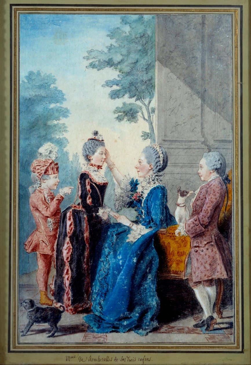 Madame de Roucherolles ja hänen kolme lastaan Louis Carrogis Carmontellen (1717-1806) akvarelli 1700-luvun Pariisi, Musee Carnavalet tekijältä Carmontelle
