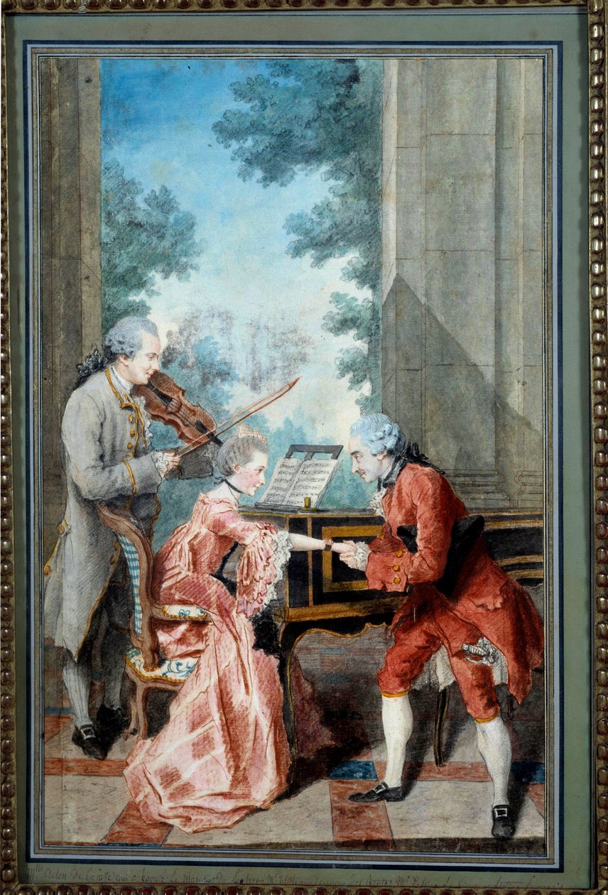 Mademoiselle Delou, Monsieur Philippe ja Monsieur de Texier Herrasmies kunnioittaa nuorta pianistia. Louis Carrogisin akvarelli, Carmontelle (1717-1806) 1700-luvun Pariisi, Musee Carnavalet - Mademoiselle Delou, Monsieur Philippe ja Monsieur d tekijältä Carmontelle