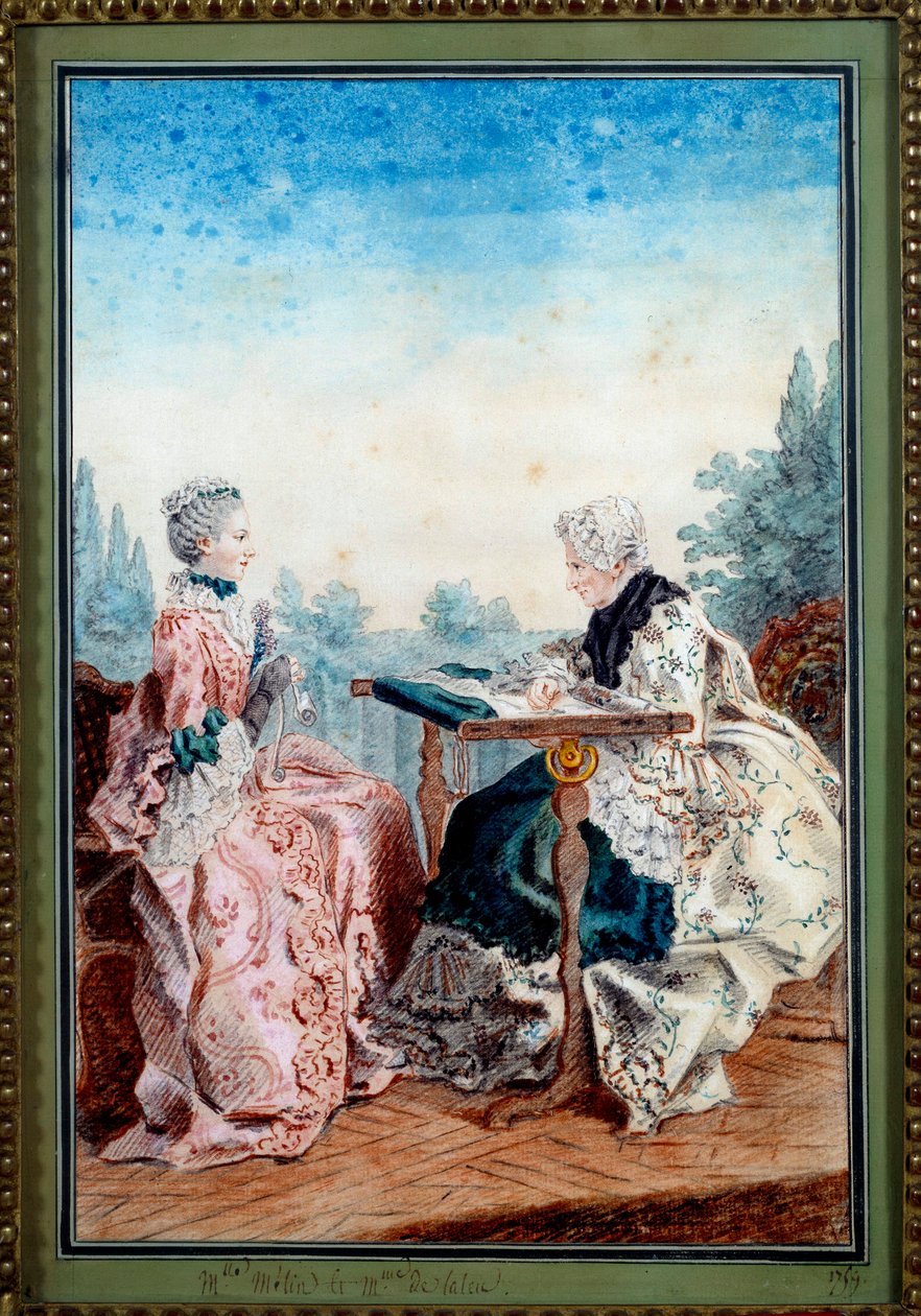 Mademoiselle Melin ja Mademoiselle de Laleu tekevät Louis carrogis dit Carmontellen (1717-1806) akvarellitaustaa 1759. Paris, Musee Carnavalet tekijältä Carmontelle