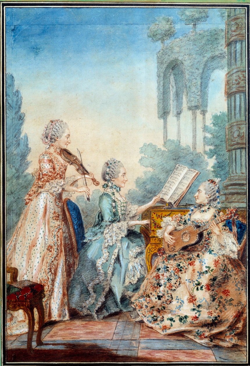 Säveltäjä Joseph Nicolas Pancrace Royerin (1705-1755) kolme tytärtä esittävät Louis Carrogis Carmontellen (1717-1806) baletin Zaide Aquarelle partituurin 1760 Pariisi, Musee Carnavalet tekijältä Carmontelle