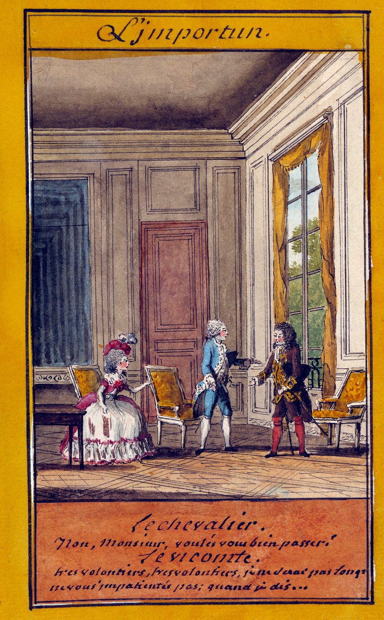Ei-toivottu kuva sananlaskujen sarjasta. Louis Carrogis dit Carmontelle (1717-1806) akvarelli 1700-luvulla. Chantilly, Conde-museo tekijältä Carmontelle