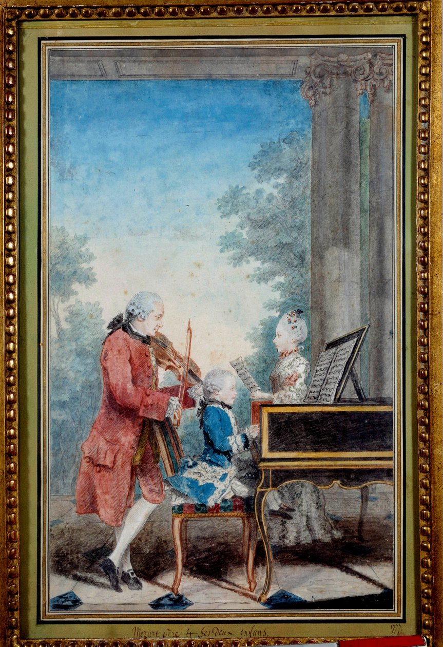 Wolfgang Amadeus Mozart (1756-1791) lapsena soitti pianoa isänsä ja sisarensa kanssa tekijältä Carmontelle
