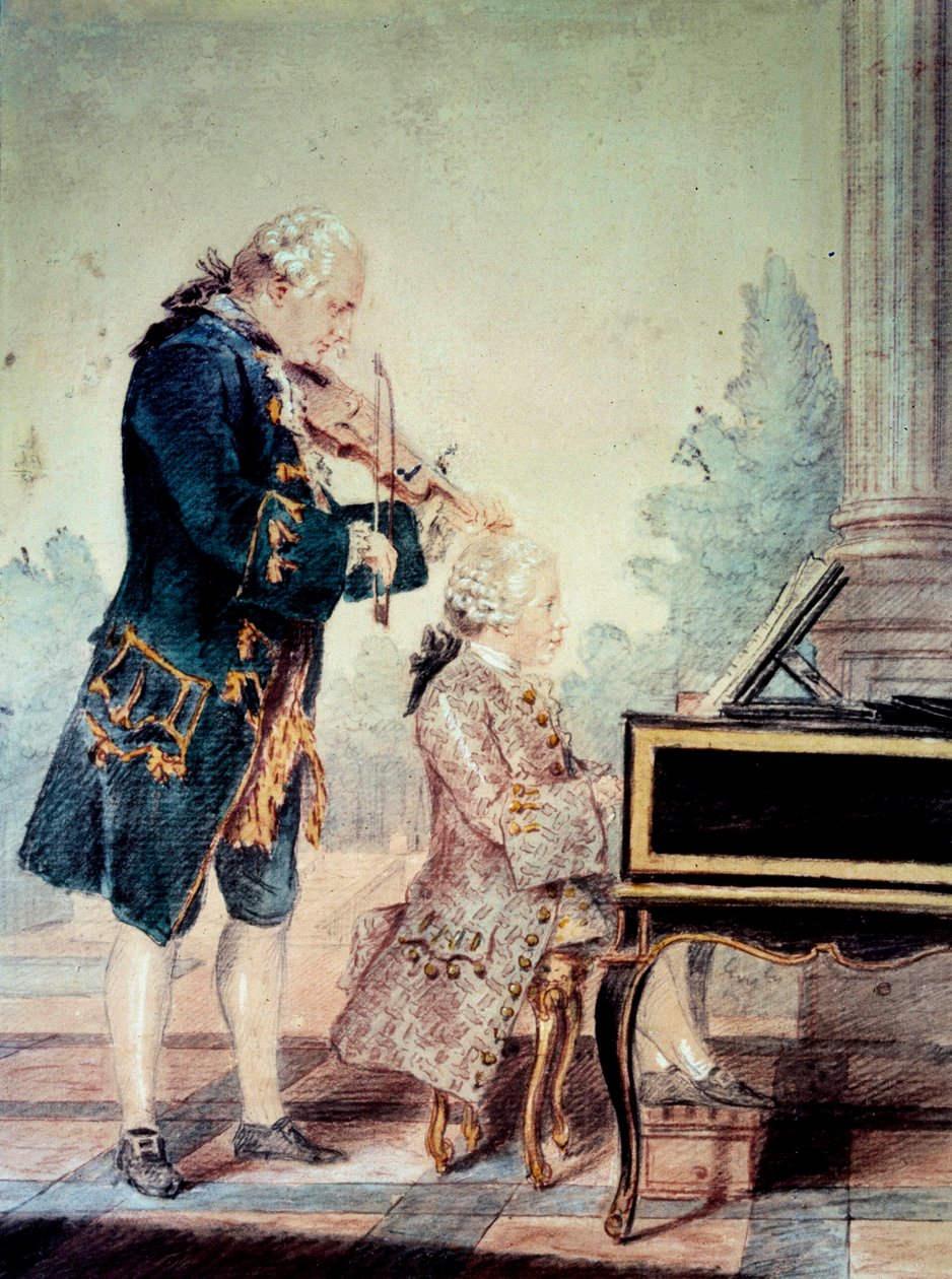Wolfgang Amadeus Mozart (1756-1791) lapsi soittaa pianoa isänsä Leopoldin kanssa”” Akvarelli Louis Carrogis Carmontelle (1717-1806) 1777 Pariisi, Musee Carnavalet tekijältä Carmontelle