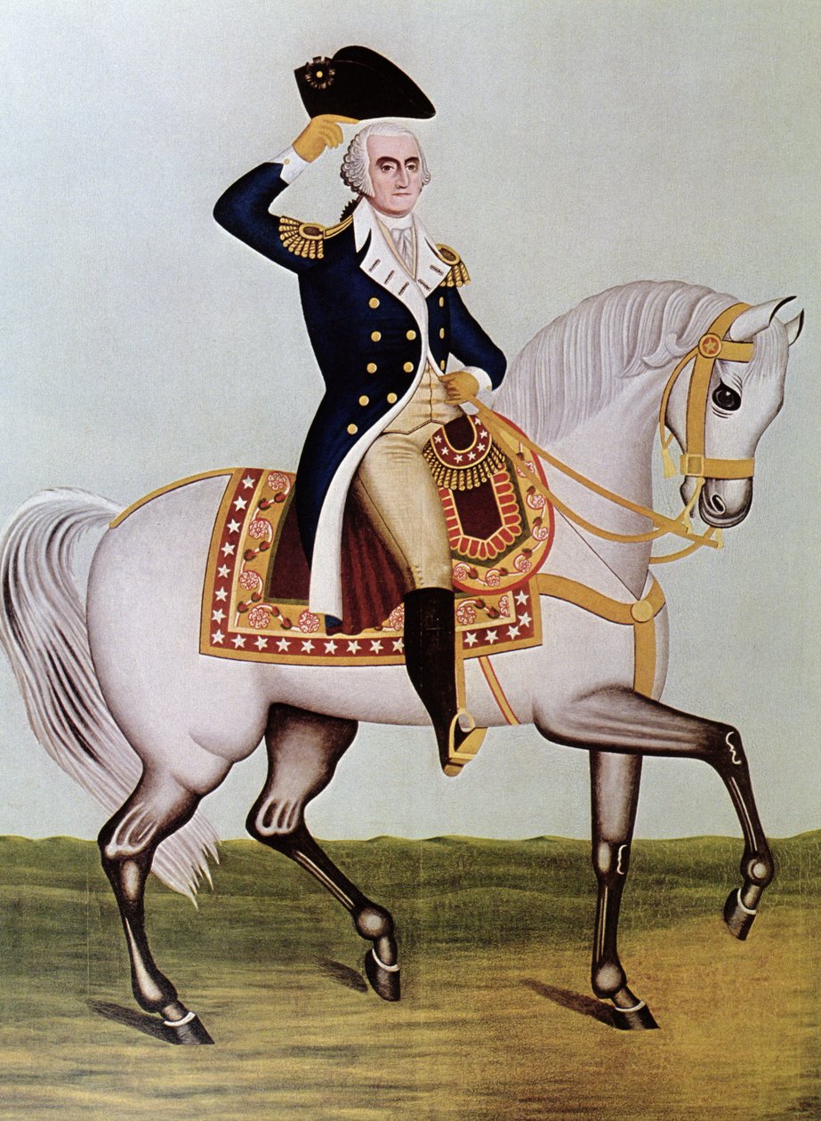 George Washington hevosen selässä (väri litho) tekijältä (after) American School