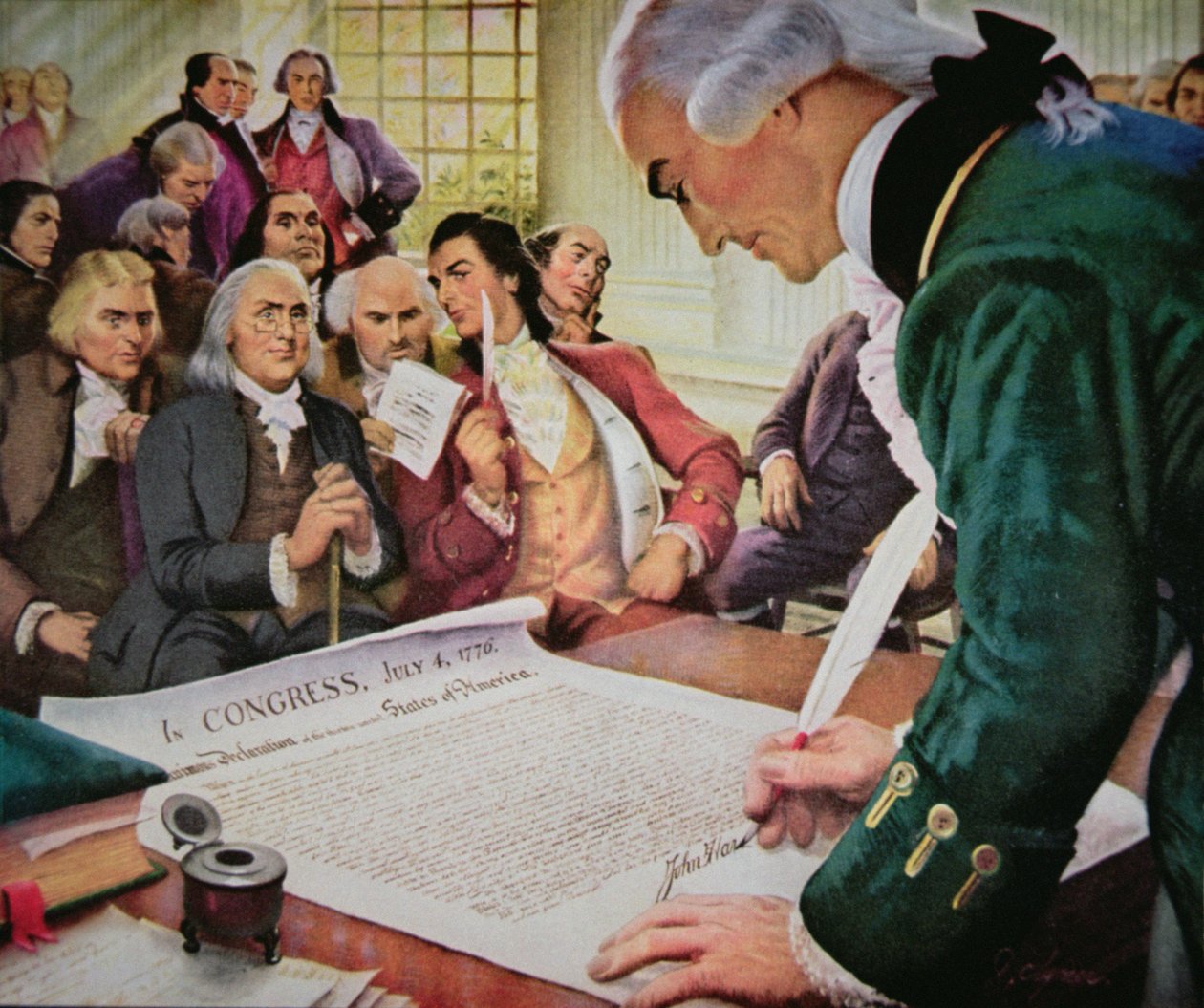 John Hancock (1737-93) allekirjoittaa Yhdysvaltain itsenäisyysjulistuksen, 4. heinäkuuta 1776 (värilitho) tekijältä (after) American School