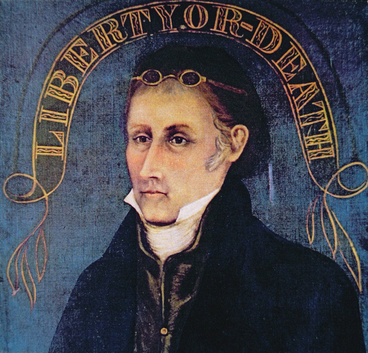 Patrick Henry, kuvattuna legendan "Liberty or Death" kanssa (väri litho) tekijältä (after) American School