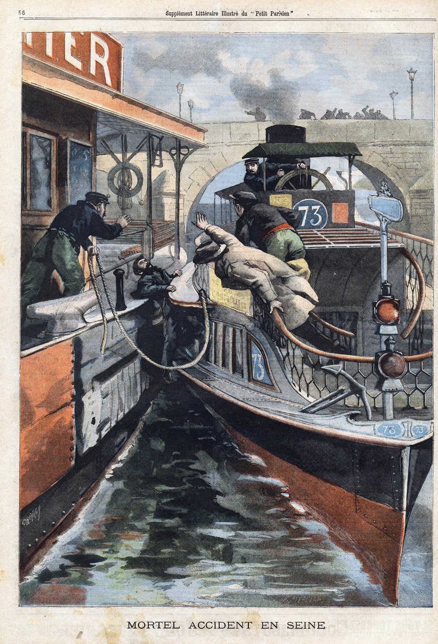 Kuolemallinen onnettomuus Seine-joella: des Bateaux Parisiens -yhtiön työntekijä kuoli törmättyään kahden veneen väliin lähellä Charentonin siltaa. Kaiverrus kirjassa "" Le Petit Parisien"" 17.2.1901. tekijältä (after) Carrey